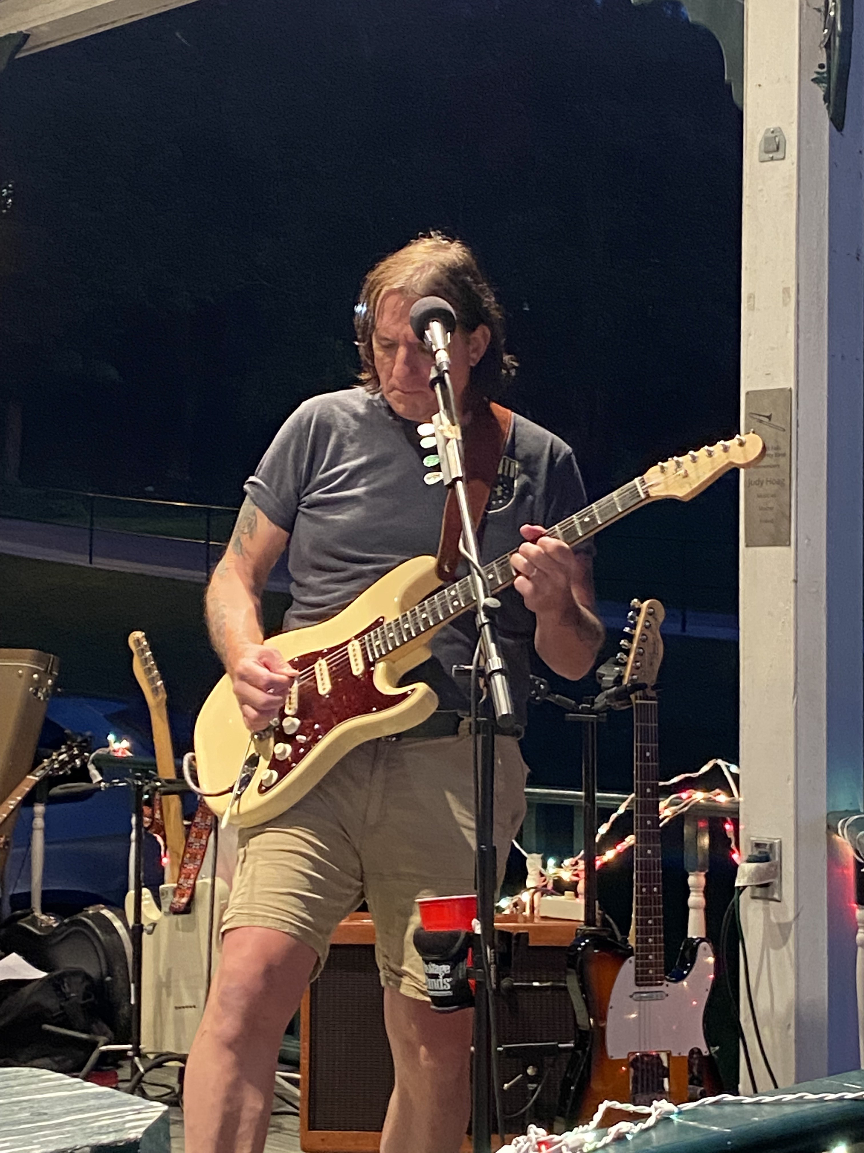A guitarist playing his Fender during an evening set at Wood Park.