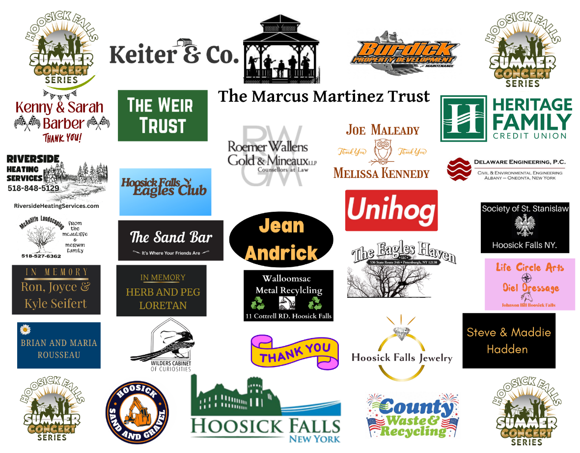 The 2026 Hoosick Falls Summer Concert Series sponsor banner, with the logos of every sponsor this season.